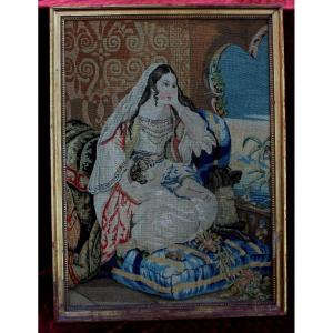 An Antique Gross Point Embroidery  Tapestry Middle Eastern Maiden 19th Century Turkish?