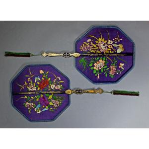 Pair Of Antique Chinese Fans Silk Embroidered Painted Lacquer