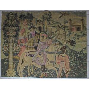 French Tapestry "leaving For The Hunt" Medieval Falcon Hunting Scene