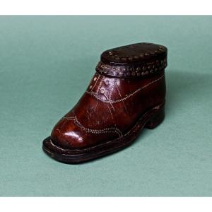 Large Antique Leather Snuffbox In The Shape Of A Brogue Shoe, 19th Century.