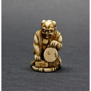 Antique Japanese Ivory Netsuke Oni With Drum Meiji Period