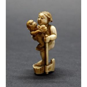 Antique Japanese Ivory Netsuke Boy With Monkey Signed Meiji Period