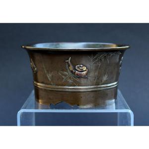 Antique Japanese Bronze And Mixed Metal Planter Jardiniere. Meiji Period. Snail.