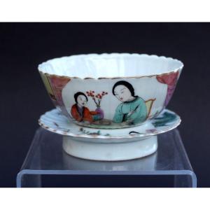 Bol à Thé Et Support En Porcelaine Chinoise 徐子祥 Xu Zixiang Jingdezhen Fin Qing / République