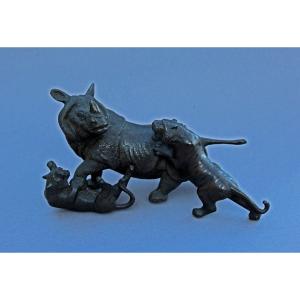 Antique Japanese Bronze Sculpture Rhinoceros Attacked By Tigers. Signed Seiya . Meiji.