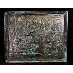 Large Antique Copper Relief Depicting The Coronation Of The Virgin.