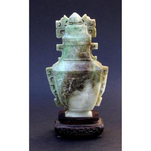 Chinese Carved Jade Vase Decorated With A Cat