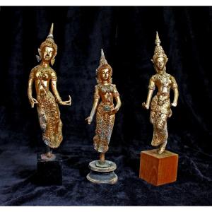 Trois  Apsara - Belles Jeunes Danseuses Bouddhistes Thaïlandaises En Bronze Doré Rattanakosin 