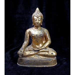 Grande Figure De Bouddha Shakyamuni En Bronze Doré Thaïlandais, XIXe Siècle Bhumisparsha Mudra