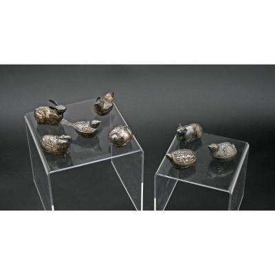 Collection Of 8 Antique  Solid Silver Betel Boxes Khmer Cambodia  Birds Animals Zoomorphic