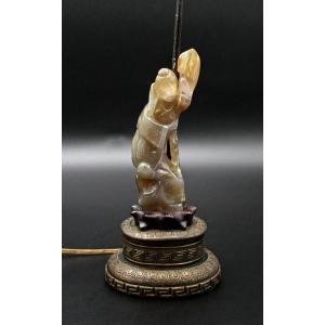 Antique Chinese Dancer Lamp In Carved Agate Hard Stone