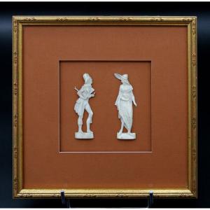 Beautiful Pair Of Antique French Dieppe Carved Ivory Reliefs  Of A Gallant Gentleman & His Lady