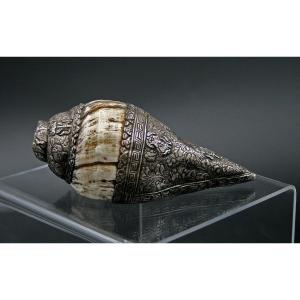 Antique Tibetan Conch Mounted In  Silver Shankha