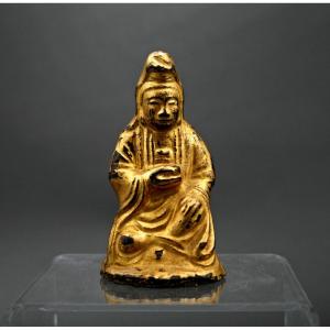 Petit Guanyin En Bronze Doré Chinois Antique Époque Ming 