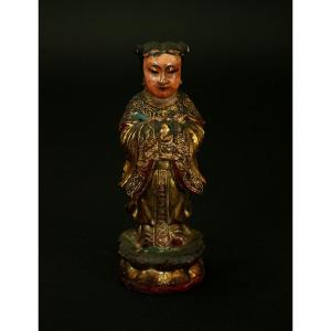 Ancien Chinois En Bois Sculpté Et Doré Acolyte Bouddhiste Disciple De Bouddha 19ème Chine 