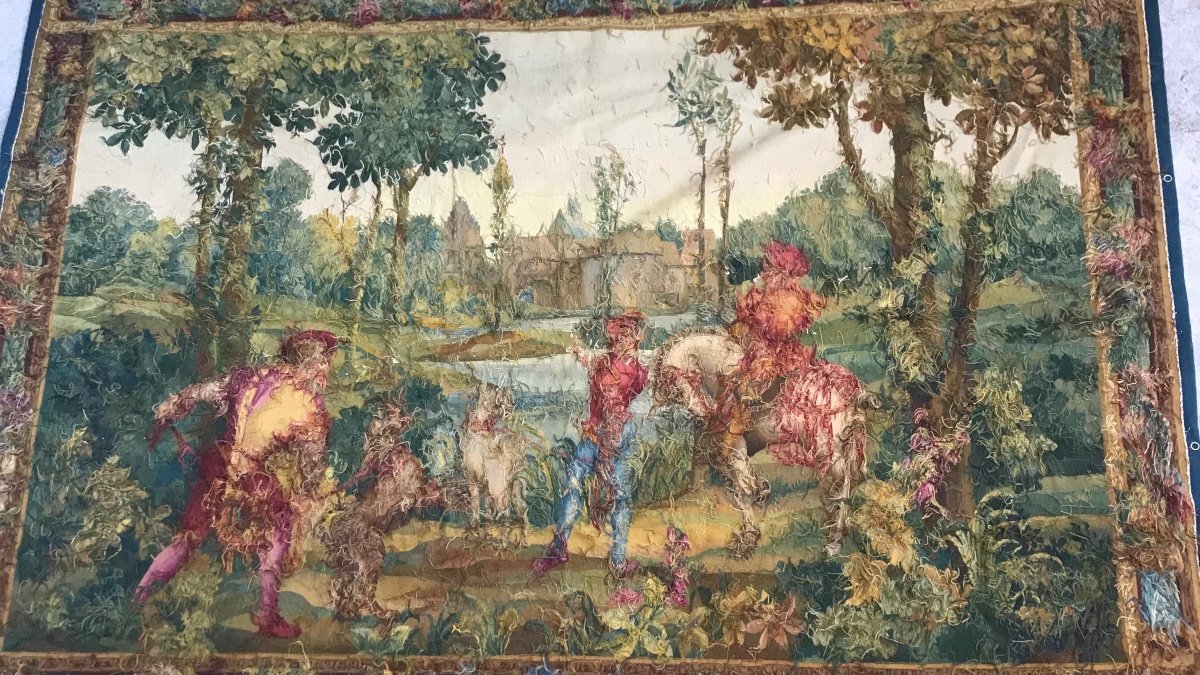 Tapisserie d'Aubusson, Scène de chasse,  XIX ème Siècle.-photo-7