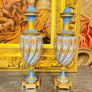 Paire De Vases En Porcelaine De Sèvres, bleu céleste.