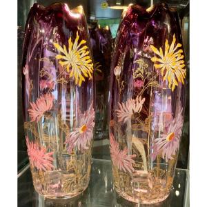 Large Pair Of Mauve Legras Vases Tokyo Model Enameled Glass