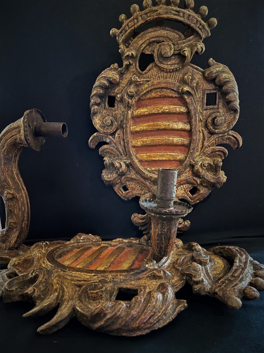 Pair Of Italian Comtale Sconces In Golden Wood