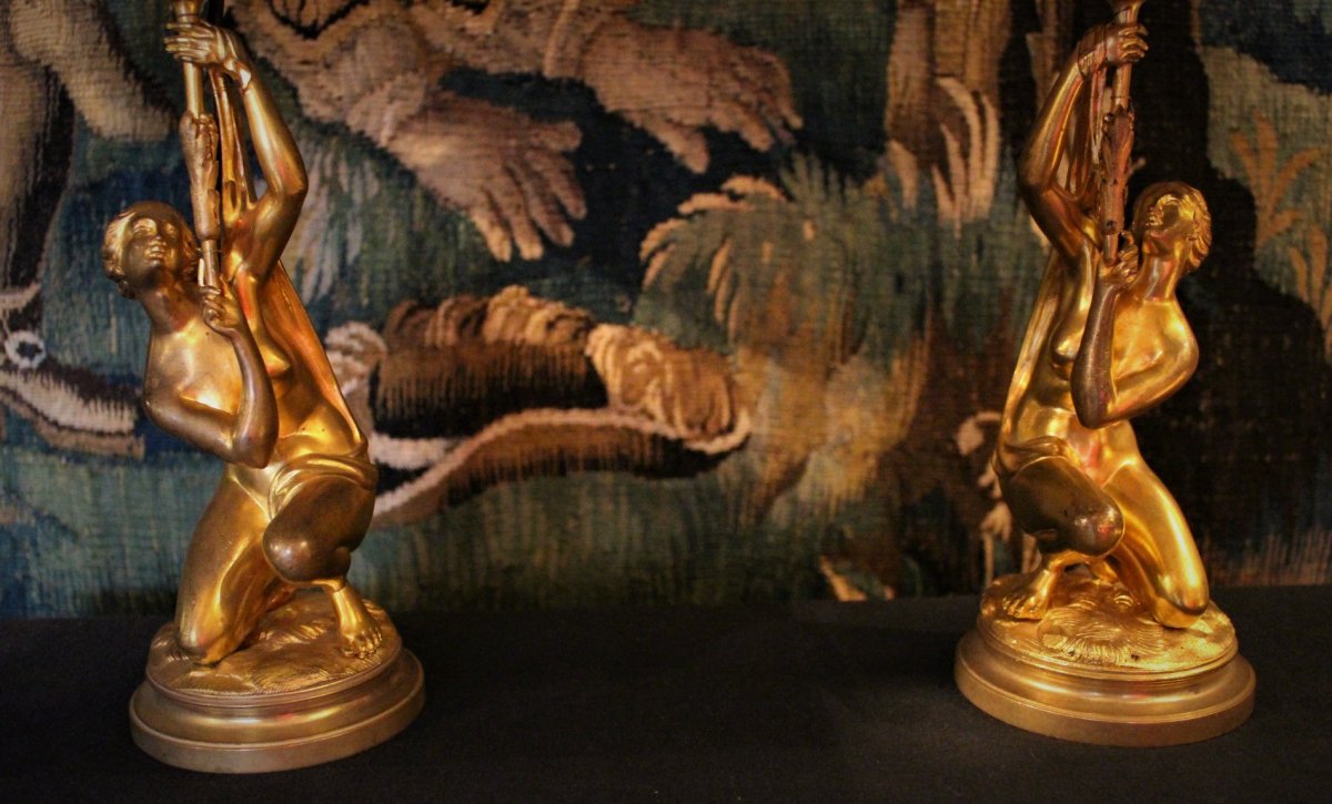 Pair Of Naiads Lamp In Bronze