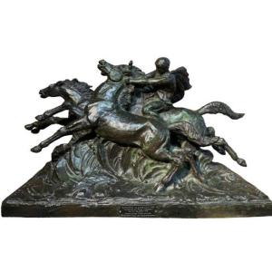  Epreuve Bronze "cavalier Maitrisant Trois Chevaux" Signée Silvestre