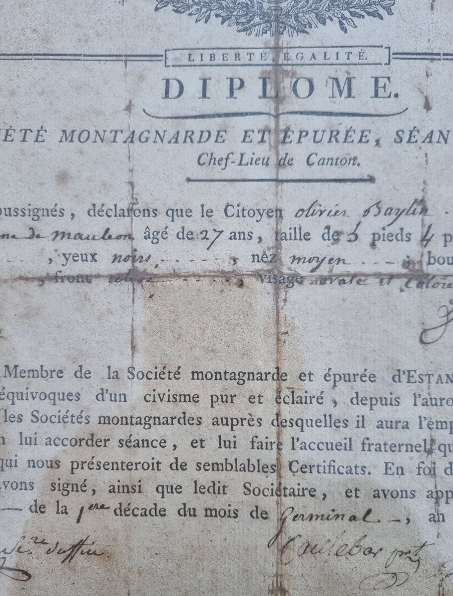 DIPLOME SOCIETE MONTAGNARDE / Révolution Française  / document XVIIIe / -photo-4