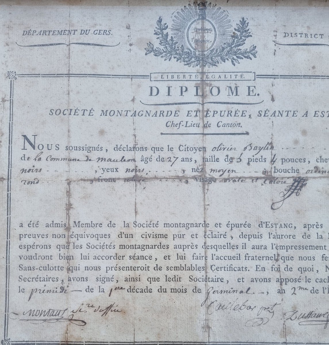 DIPLOME SOCIETE MONTAGNARDE / Révolution Française  / document XVIIIe / 