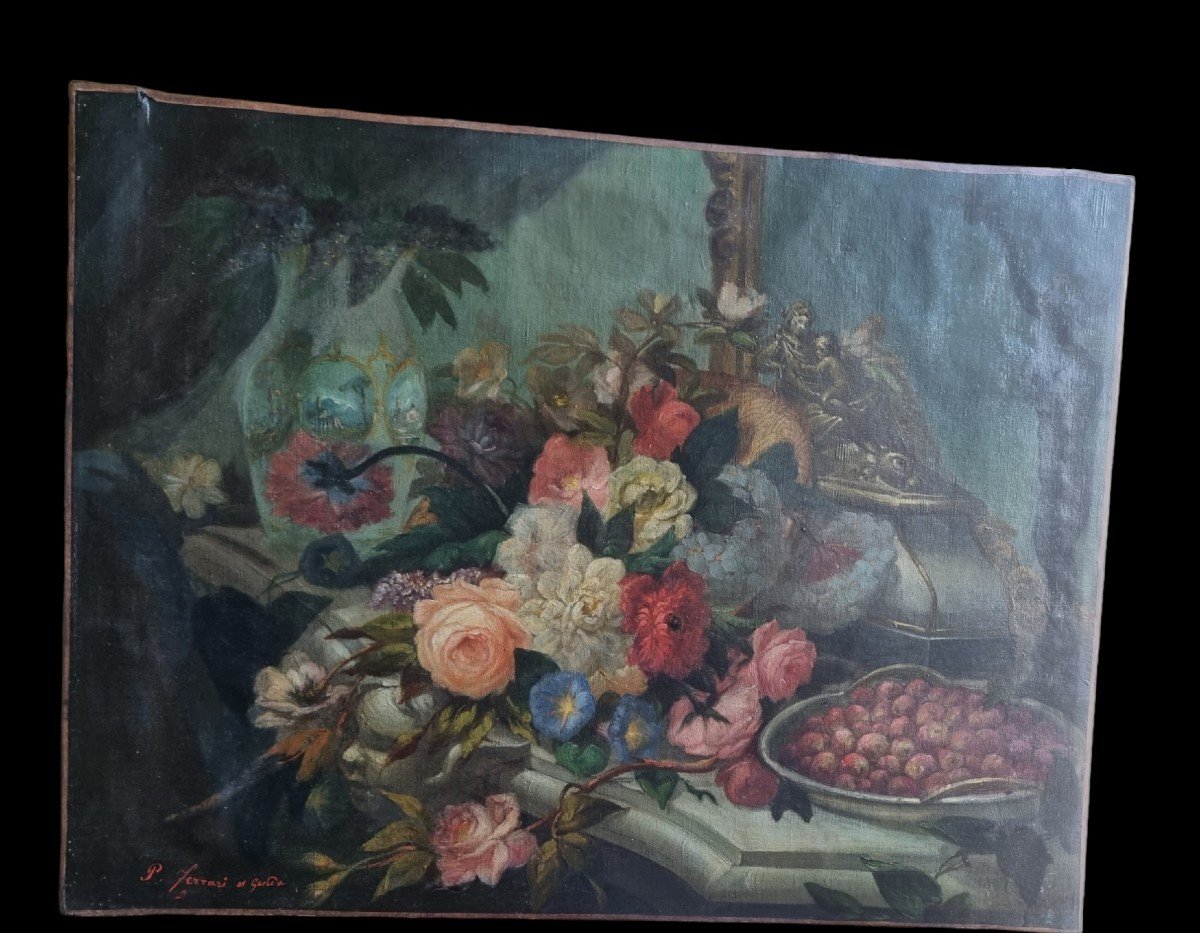 Pair Of / Still Life / Still Life / Fruits And Flowers 19th C Orfevrerie Bouquet-photo-3