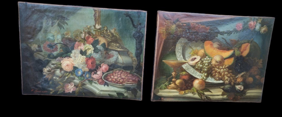 Pair Of / Still Life / Still Life / Fruits And Flowers 19th C Orfevrerie Bouquet