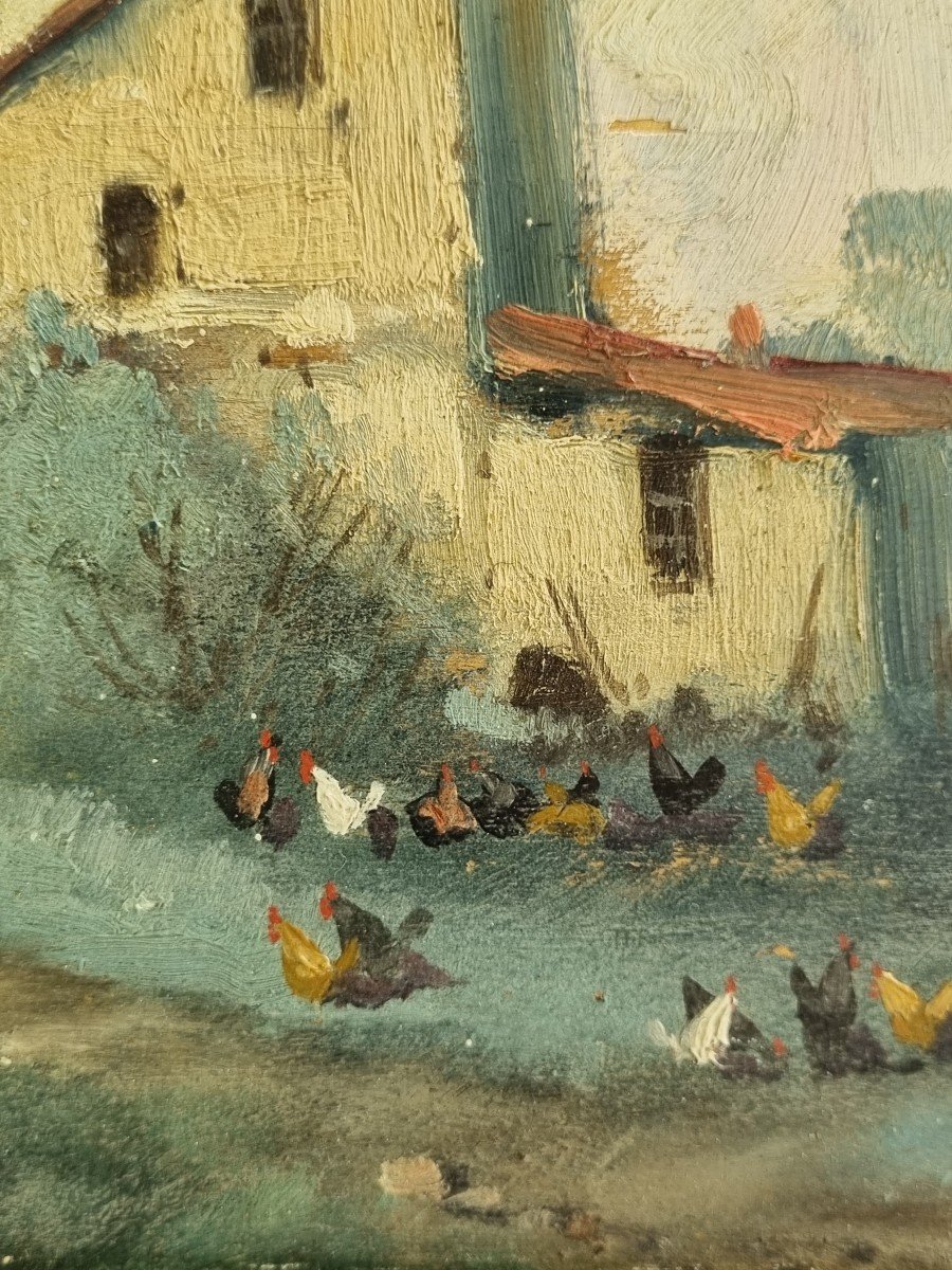 Farm Scene Oil On Panel Late XIXth Hen-photo-2