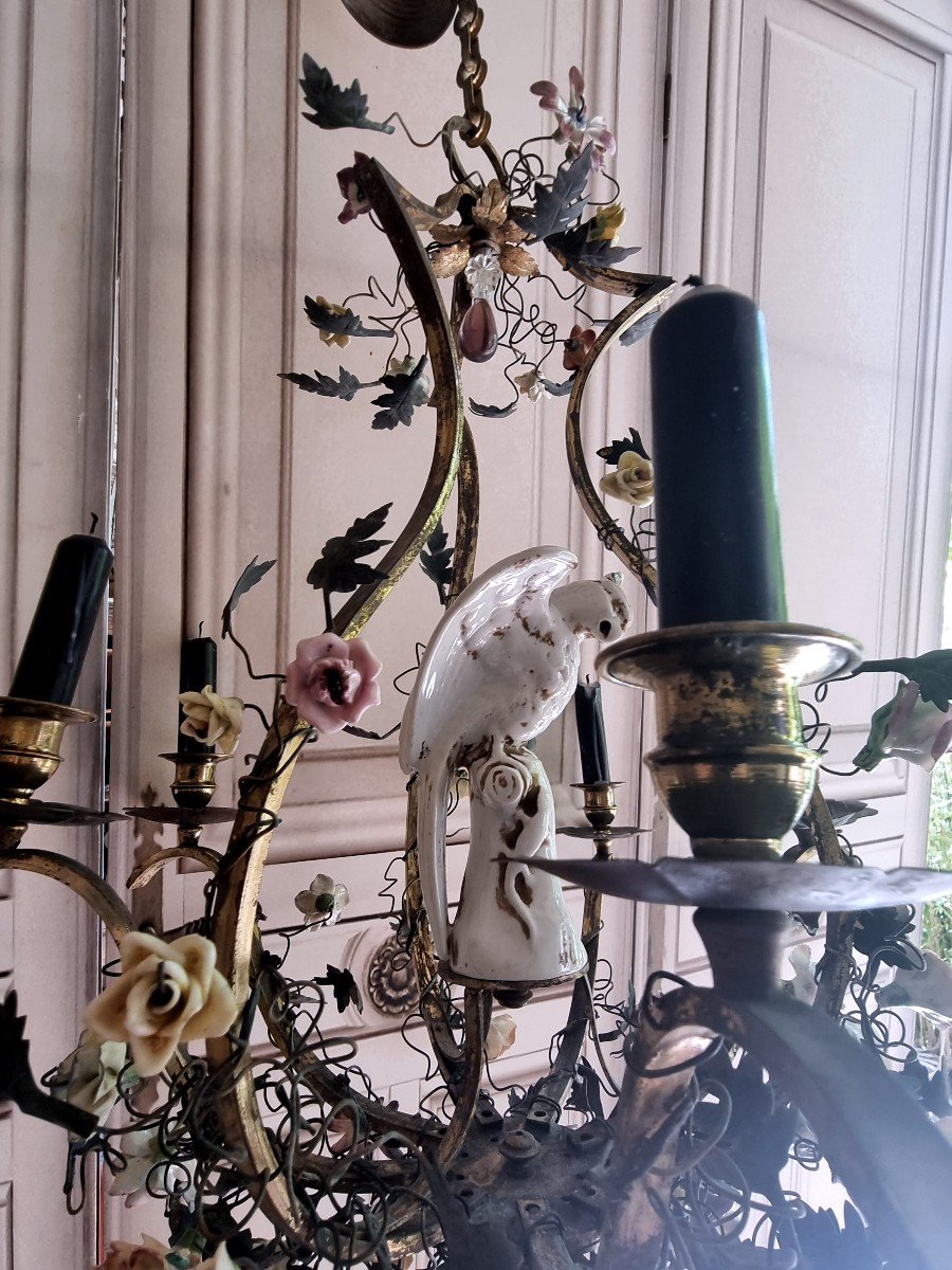 Saxony Parrot Porcelain Flower Chandelier Circa 1900 Louis Style, XV-photo-3