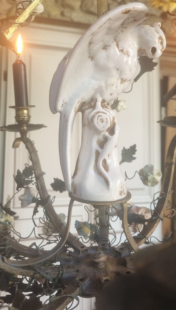 Saxony Parrot Porcelain Flower Chandelier Circa 1900 Louis Style, XV-photo-2