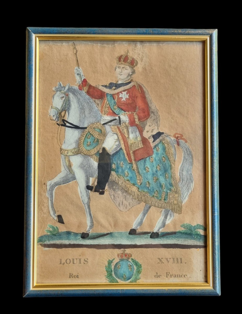 Gravure représentant Louis XVIII à cheval. Début époque Restauration circa 1815