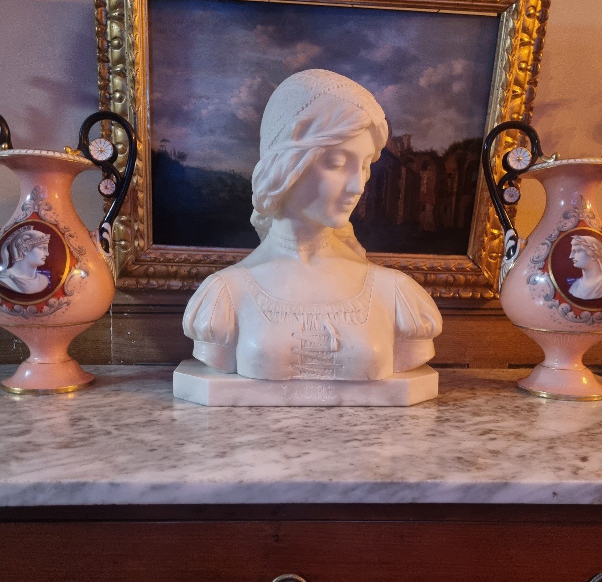 Emilio Fiaschi Alabaster Bust Circa 1900 Petrarque Laure Marble-photo-4