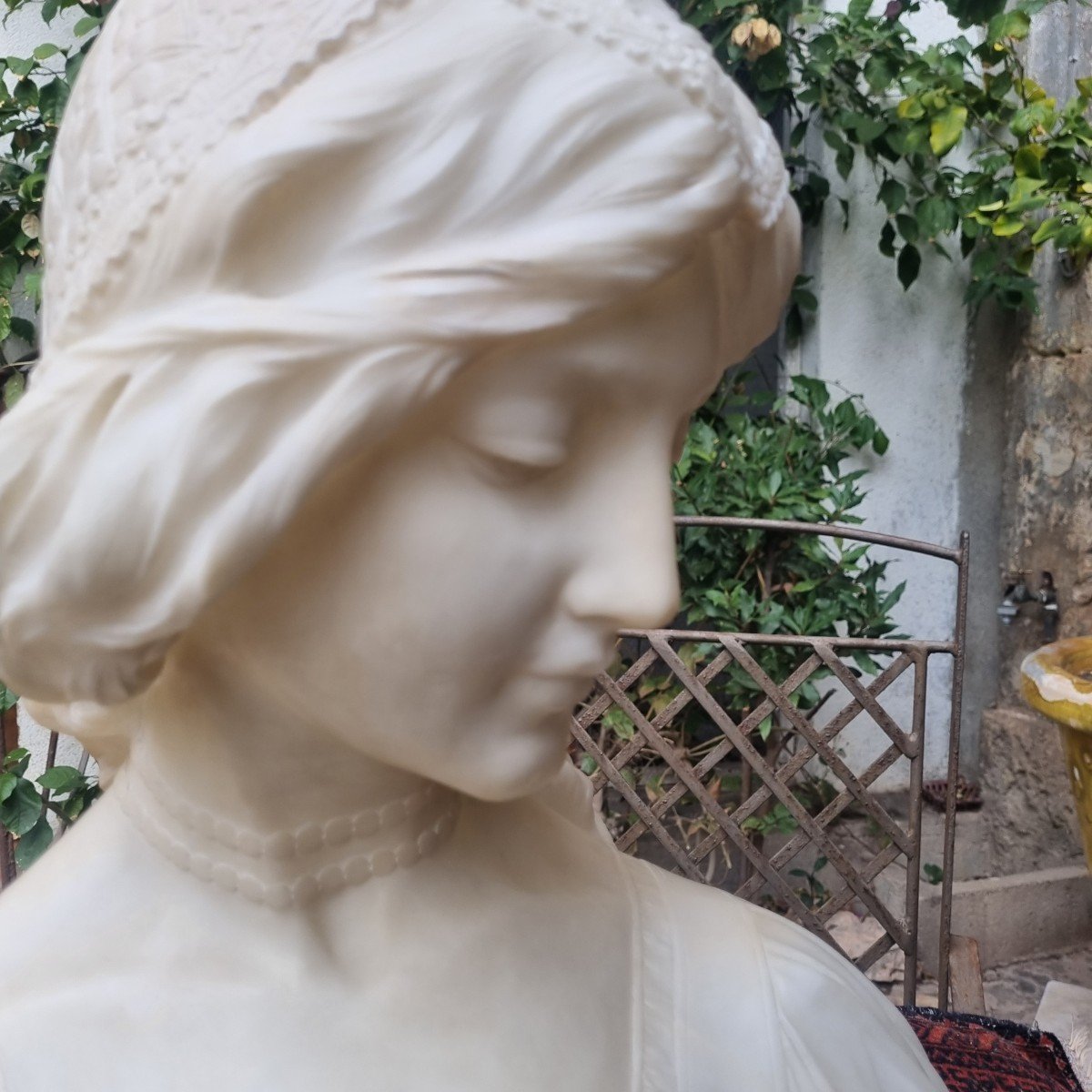 Emilio Fiaschi Alabaster Bust Circa 1900 Petrarque Laure Marble-photo-1