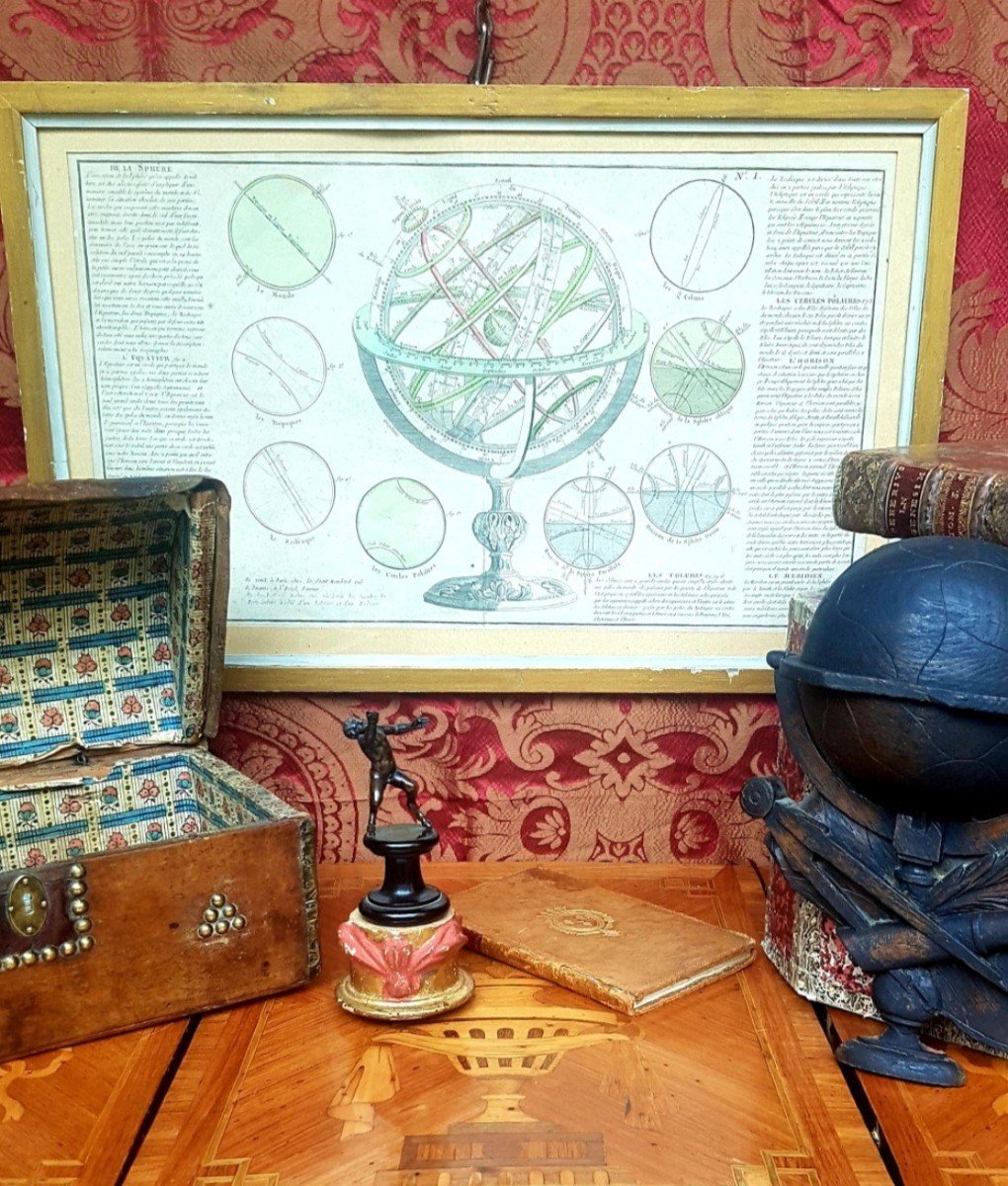 Engraving Representing A Late 18th Armillary Sphere / Terrestrial Globe Cabinet Of Curiosity