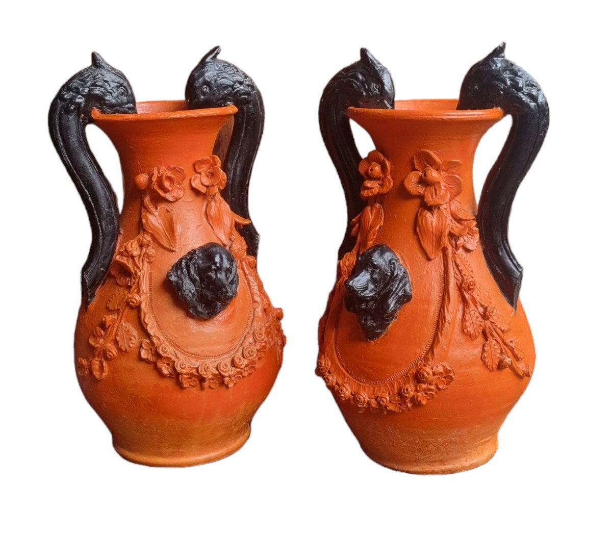 Large Painted Terracotta Vases Late 19th C. Hunting Dogs -photo-2