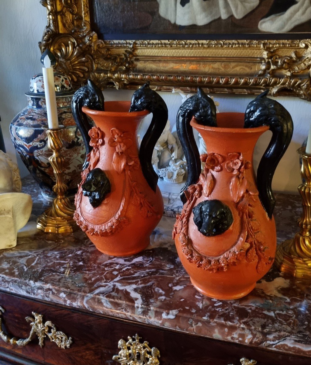 Large Painted Terracotta Vases Late 19th C. Hunting Dogs -photo-4