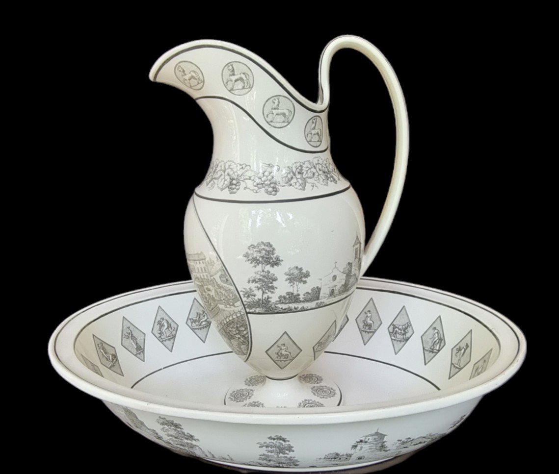 Basin And Eawer In Fine Grisaille Earthenware From Creil Circa 1810 /.montereau