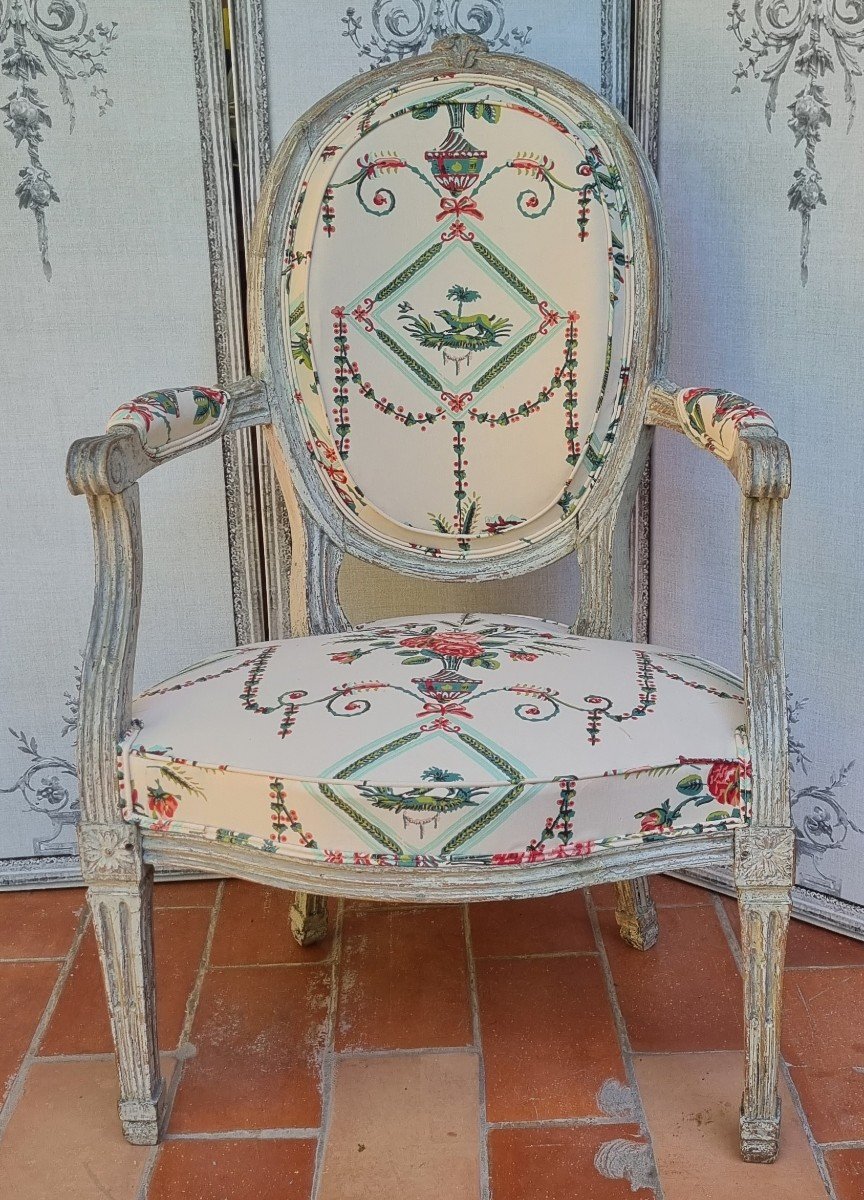 PIERRE PILLOT ATTRIB. FAUTEUIL CABRIOLET ÉPOQUE LOUIS XVI XVIIIe TISSU BRAQUENIÈ NÎMES -photo-1