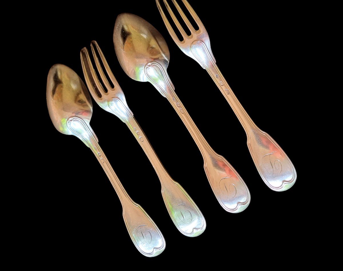2 Cutlery Or 2 Forks And 2 Sterling Silver Spoons Marked 1st Rooster Late 18th Early 11th