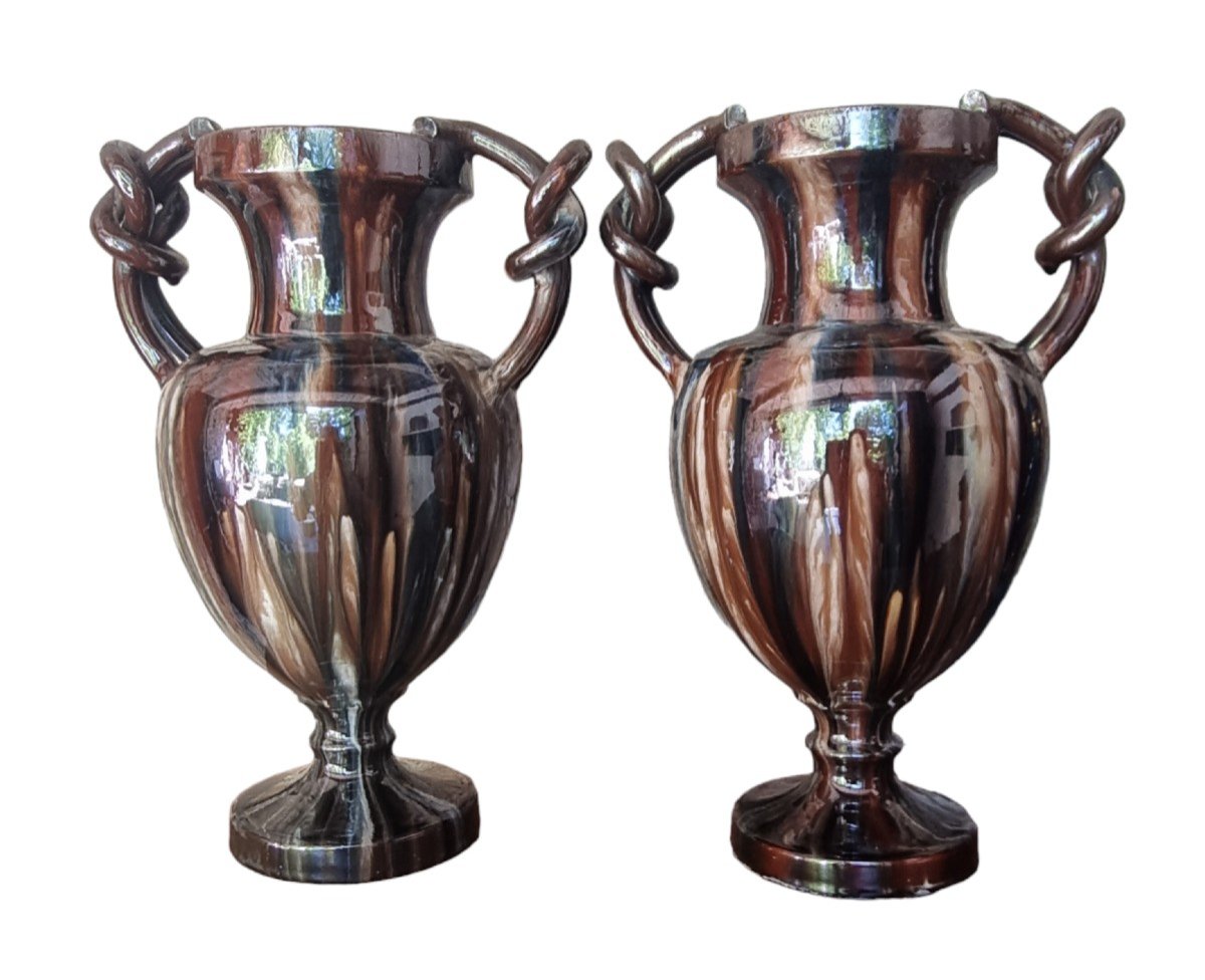 Pair Of Vases By Jérôme Massier Early 20th Century Art Nouveau Vallauris Jaspé Majolica Ceramic 