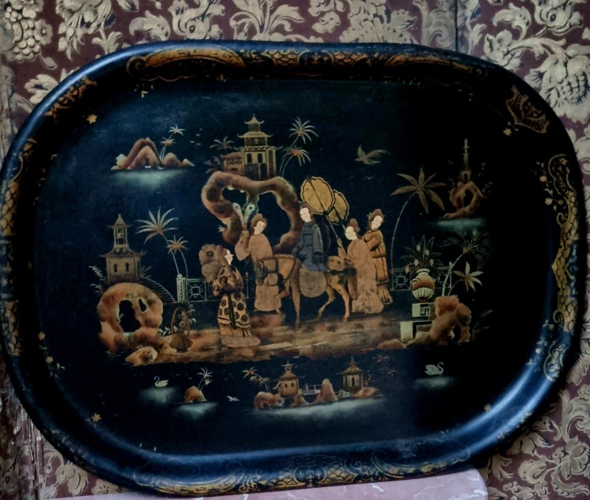 Painted Steel Tray With Chinese Decor Napoleon III Period 64 X 49 Cm