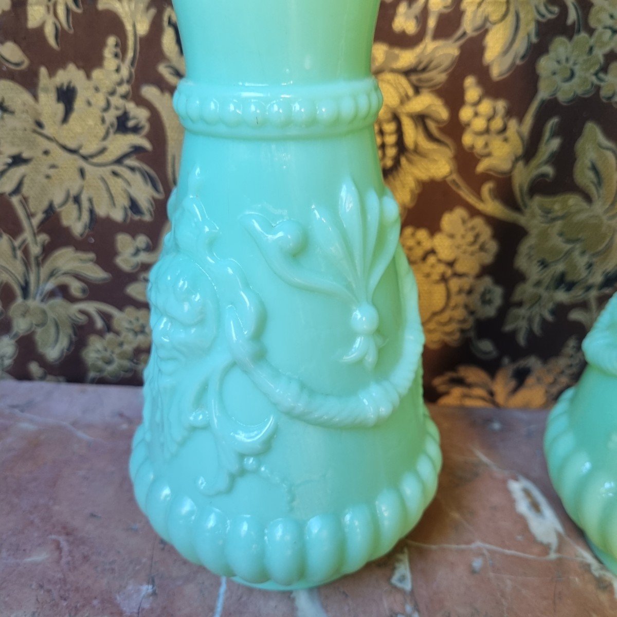 Pair Of Green Fairground Opaline Vases, Late 19th Century-photo-2