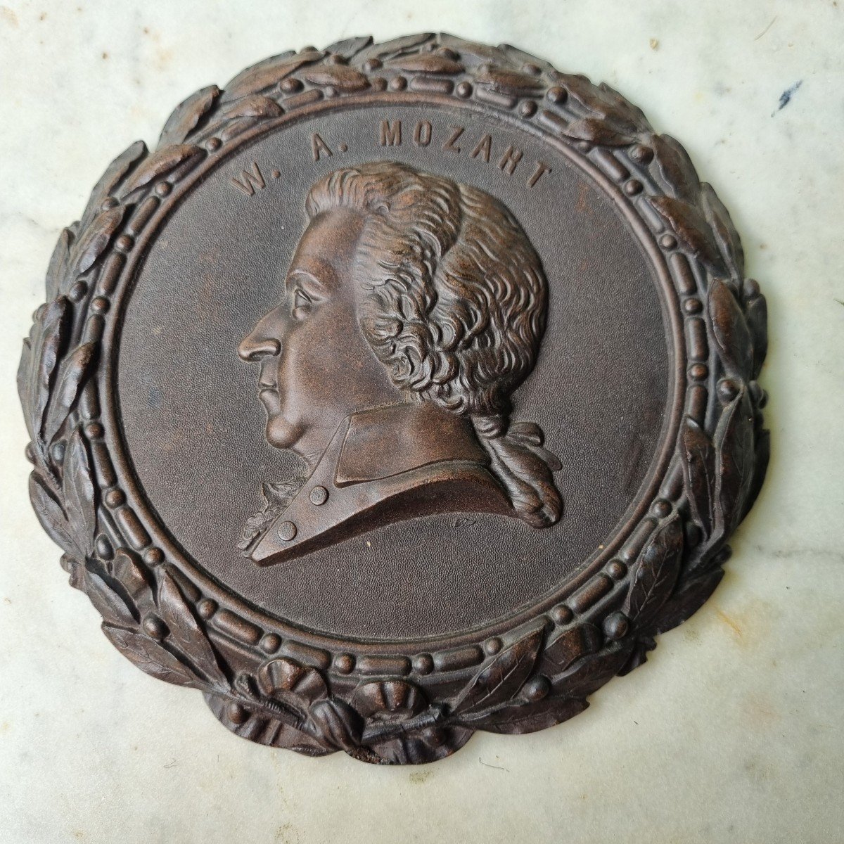 Hardened Wood Medallion Mozart Man Profile 19th Century Music Musician Opera-photo-1