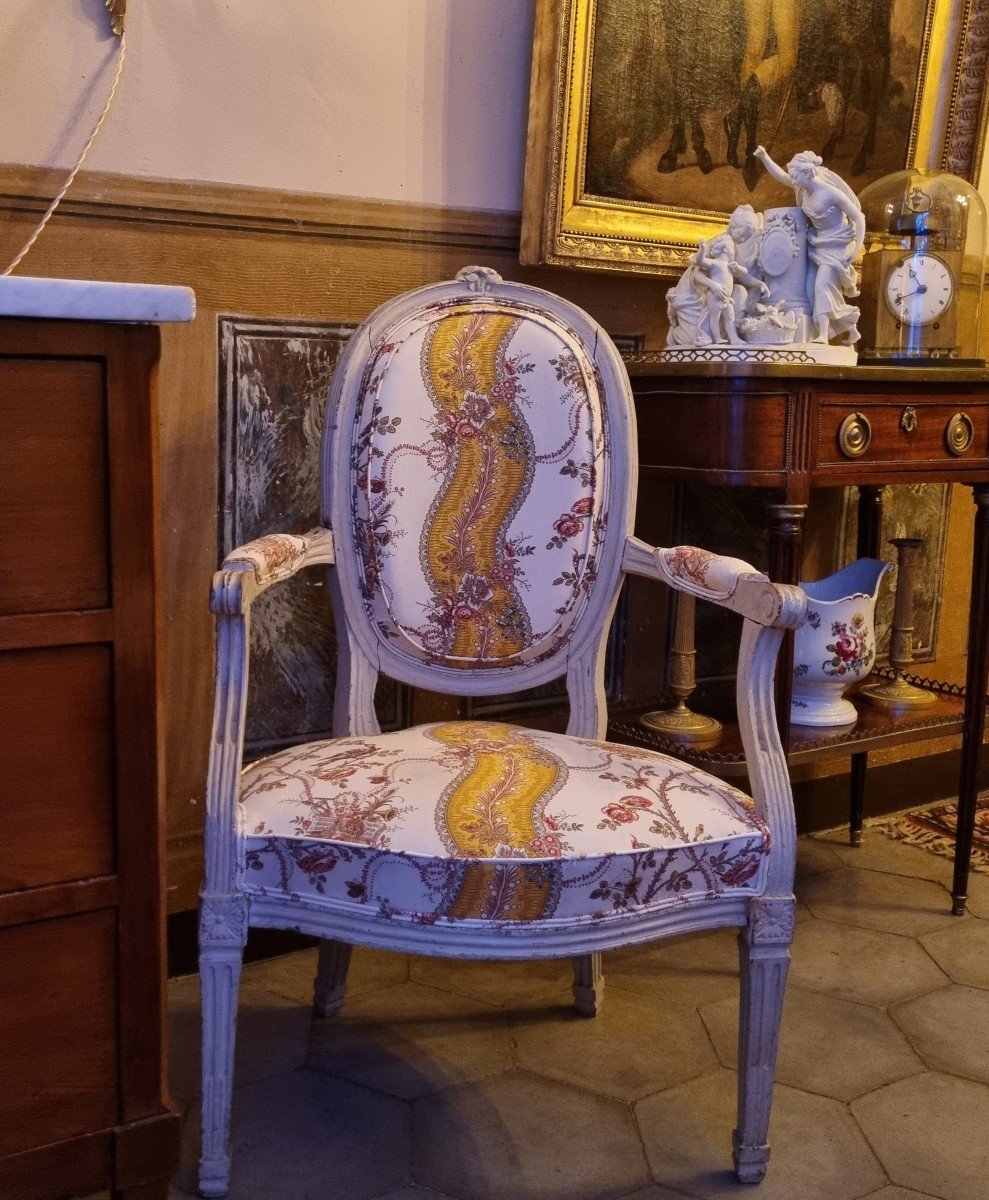 PIERRE PILLOT ATTRIB. FAUTEUIL CABRIOLET ÉPOQUE LOUIS XVI XVIIIe TISSU BRAQUENIÈ NÎMES 