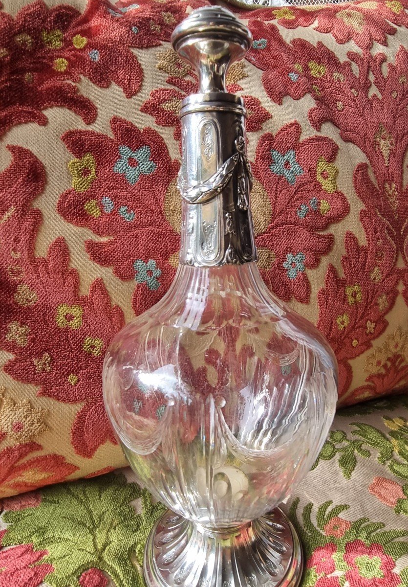 EMILE PUIFORCAT CARAFE EN CRISTAL TAILLÉ ET ARGENT MASSIF STYLE LOUIS XVI À EAU À VIN-photo-2