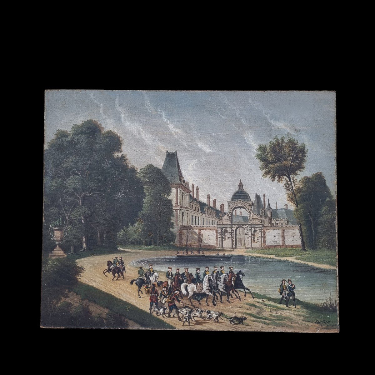 Entrance To The Château De Fontainebleau Oil On Canvas Late 19th Century View Of The Castle Horses