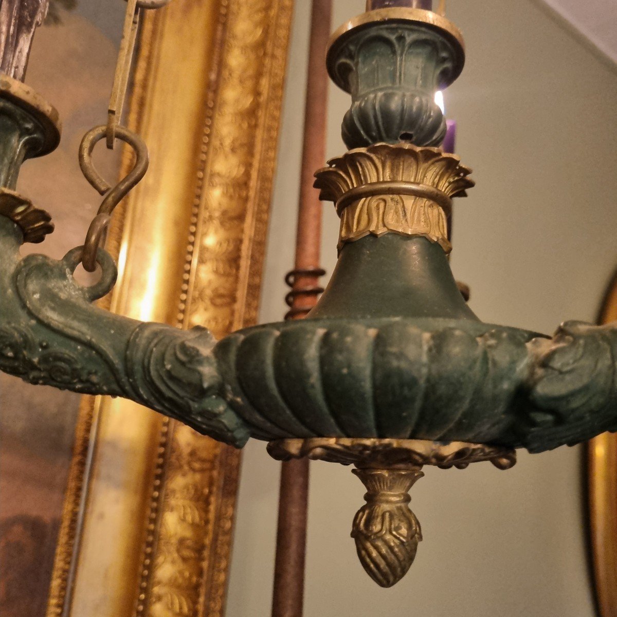 Small Vestibule Chandelier Antique Etruscan Empire Style Late 19th Bronze And Cast Iron-photo-2