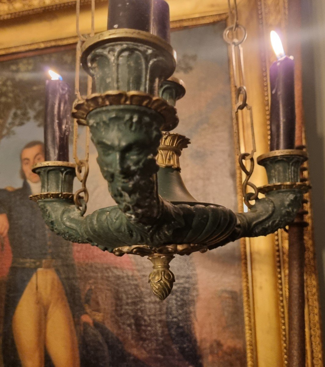 Small Vestibule Chandelier Antique Etruscan Empire Style Late 19th Bronze And Cast Iron-photo-4